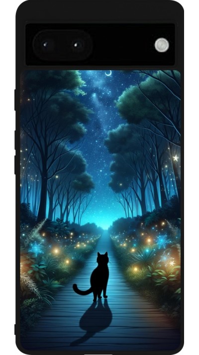 Coque Google Pixel 6a - Silicone rigide noir Chat noir promenade