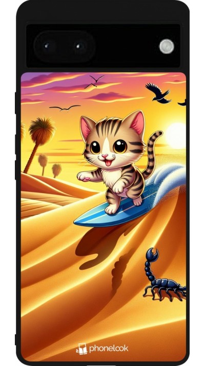 Coque Google Pixel 6a - Silicone rigide noir Chat surfeur au soleil