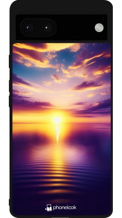 Coque Google Pixel 6a - Silicone rigide noir Coucher soleil jaune violet