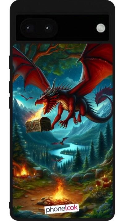 Coque Google Pixel 6a - Silicone rigide noir Dragon Volant Forêt Trésor