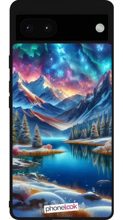 Coque Google Pixel 6a - Silicone rigide noir Fantasy Mountain Lake Sky Stars