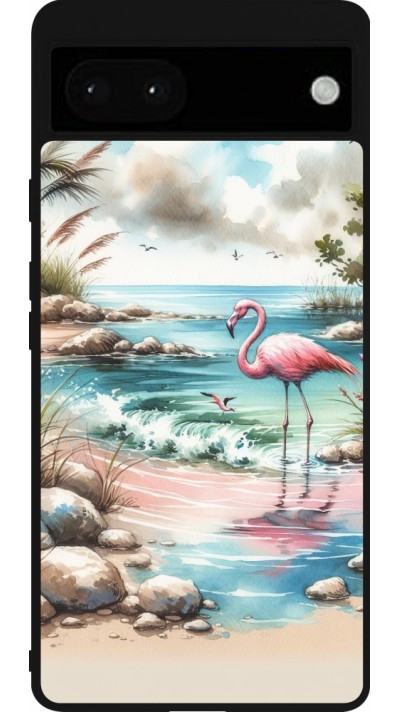 Coque Google Pixel 6a - Silicone rigide noir Flamant rose aquarelle