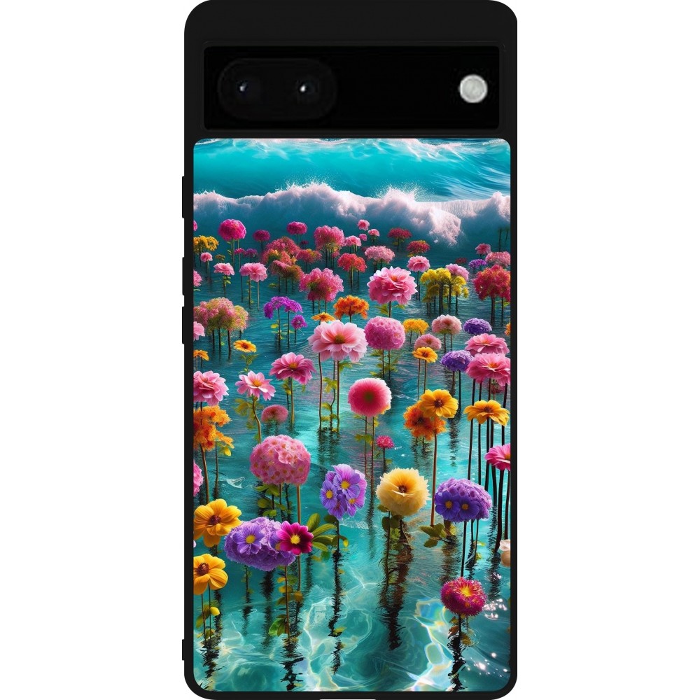 Google Pixel 6a Case Hülle - Silikon schwarz Blumenmeer Wellen