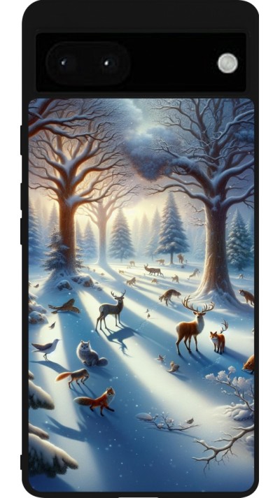 Coque Google Pixel 6a - Silicone rigide noir Forêt neige enchantée