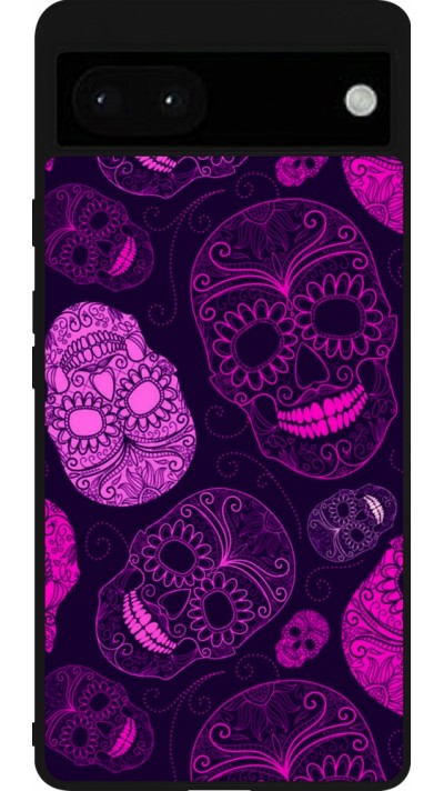 Coque Google Pixel 6a - Silicone rigide noir Halloween 2023 pink skulls