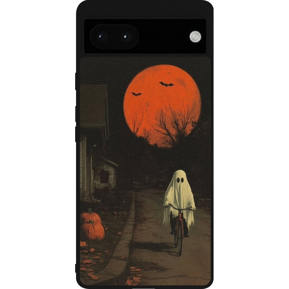 Coque Google Pixel 6a - Silicone rigide noir Halloween 2025 Ghost on a bicycle