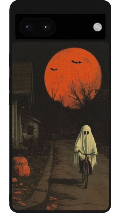 Coque Google Pixel 6a - Silicone rigide noir Halloween 2025 Ghost on a bicycle