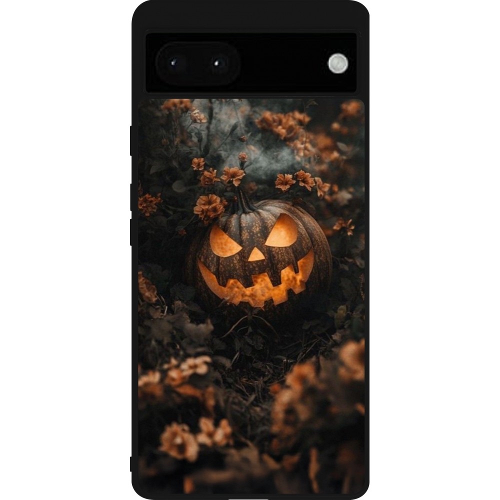 Coque Google Pixel 6a - Silicone rigide noir Halloween 2025 Pumpkin with flowers