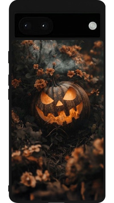 Coque Google Pixel 6a - Silicone rigide noir Halloween 2025 Pumpkin with flowers