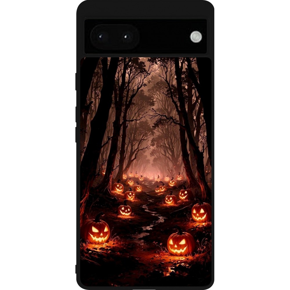Coque Google Pixel 6a - Silicone rigide noir Halloween 2025 Road of Terrifying Pumpkins