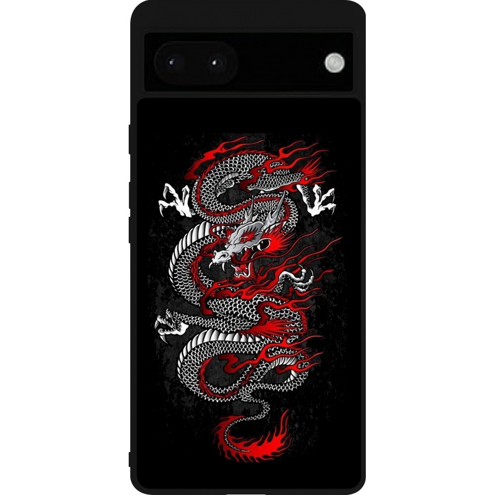 Coque Google Pixel 6a - Silicone rigide noir Japanese style Dragon Tattoo Red Black