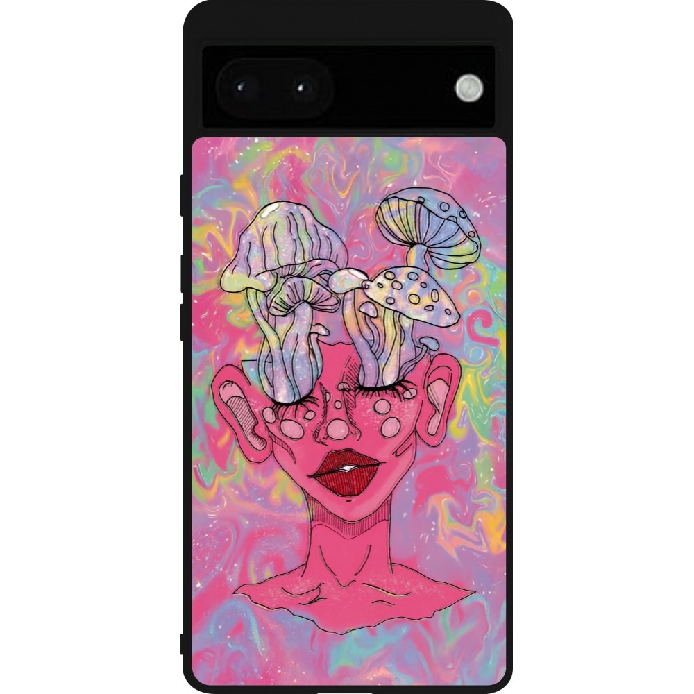 Coque Google Pixel 6a - Silicone rigide noir Psychedelic pink mushroom