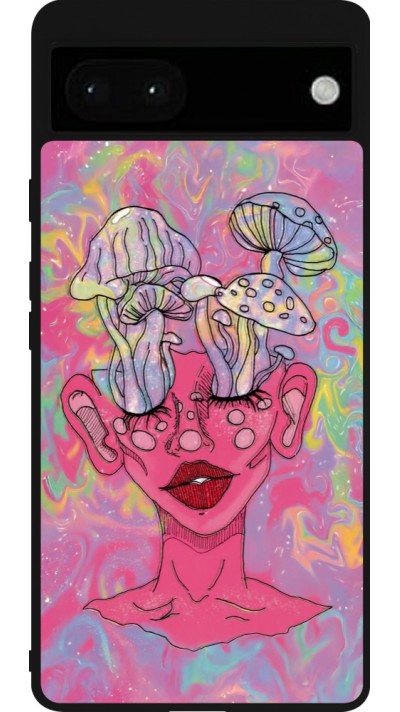 Coque Google Pixel 6a - Silicone rigide noir Psychedelic pink mushroom