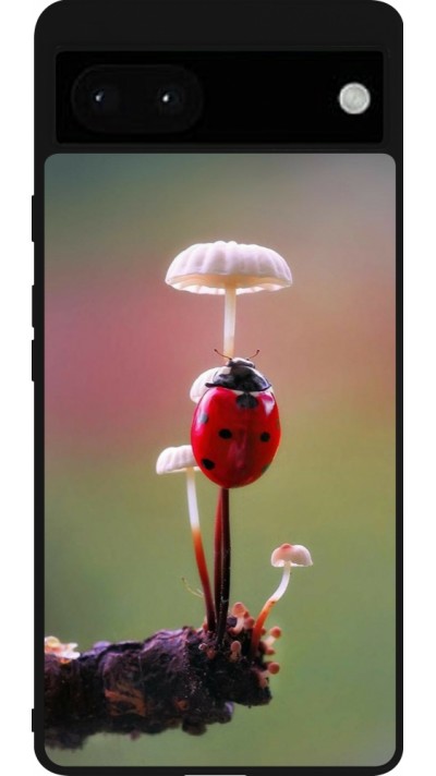 Google Pixel 6a Case Hülle - Silikon schwarz Ladybird on a mushroom Spring 2026