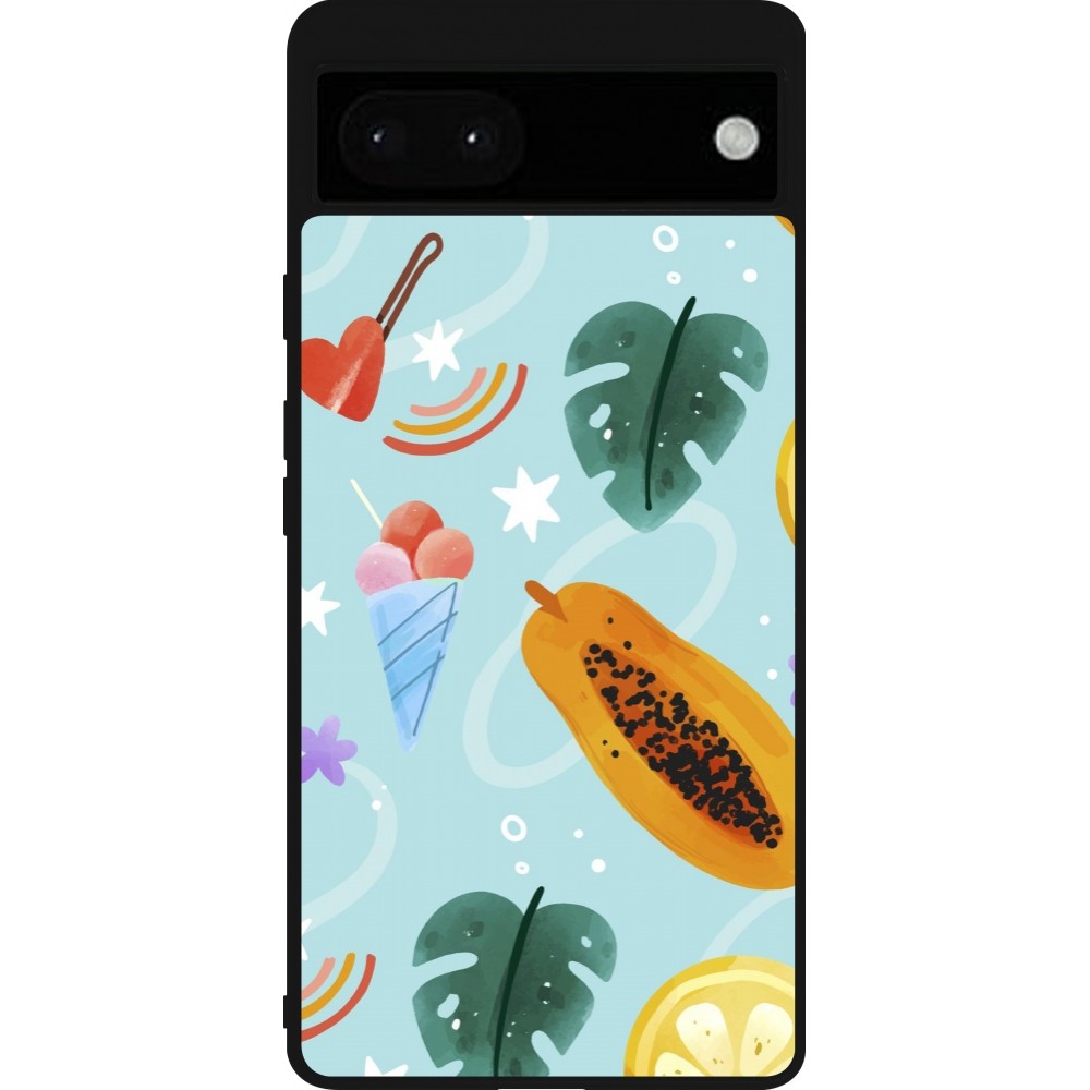 Coque Google Pixel 6a - Silicone rigide noir Summer 2025 Pattern papaya
