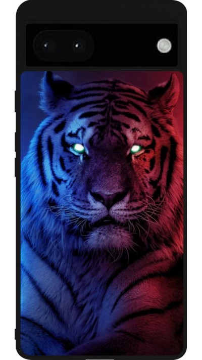 Coque Google Pixel 6a - Silicone rigide noir Tiger Blue Red