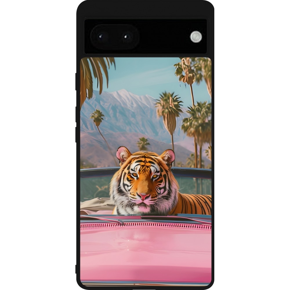 Coque Google Pixel 6a - Silicone rigide noir Tigre voiture rose