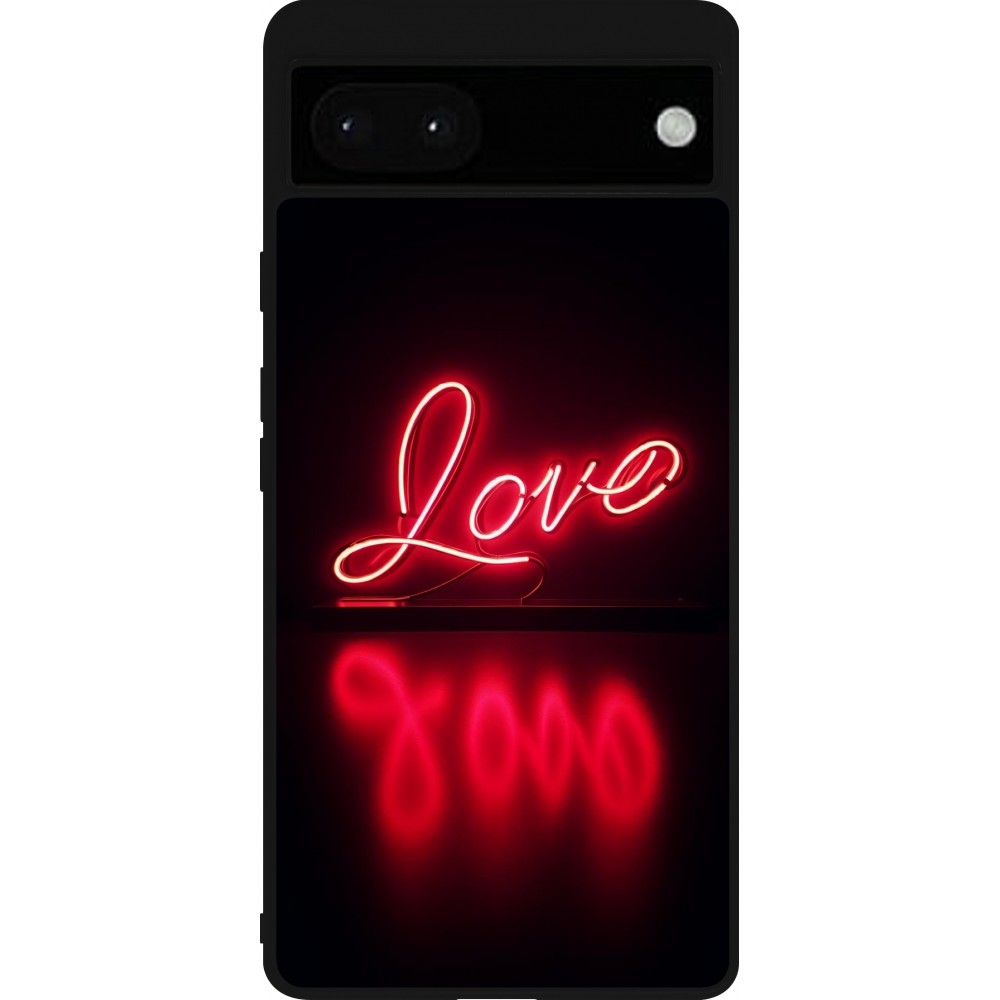 Coque Google Pixel 6a - Silicone rigide noir Valentine 2025 Neon Love
