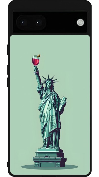 Google Pixel 6a Case Hülle - Silikon schwarz Freiheitsstatue mit einem Glas Wein