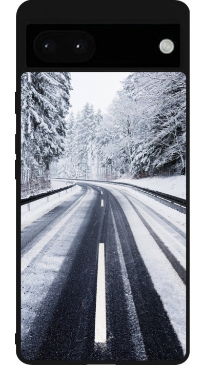 Coque Google Pixel 6a - Silicone rigide noir Winter 22 Snowy Road