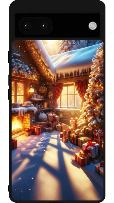 Coque Google Pixel 6a - Silicone rigide noir Noël Chalet Féerie