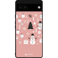 Coque Google Pixel 6a - Silicone rigide noir Noël 2024 Rose Snowman Christmas