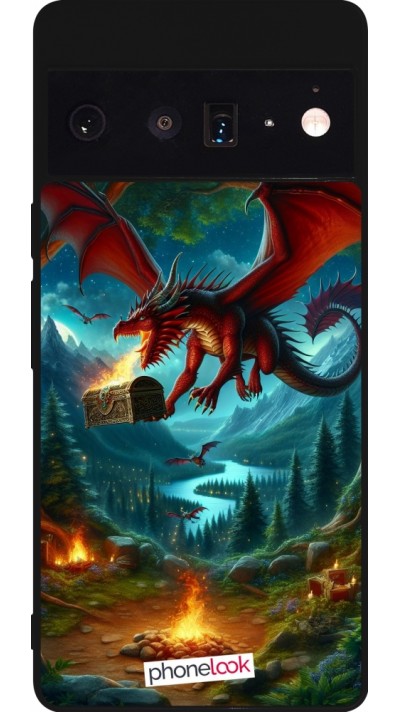 Coque Google Pixel 6 Pro - Silicone rigide noir Dragon Volant Forêt Trésor