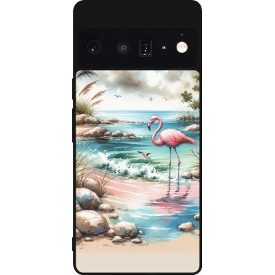 Coque Google Pixel 6 Pro - Silicone rigide noir Flamant rose aquarelle