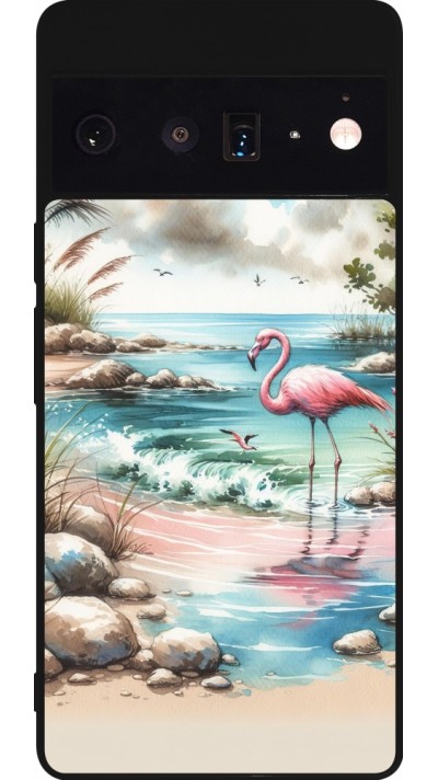 Coque Google Pixel 6 Pro - Silicone rigide noir Flamant rose aquarelle