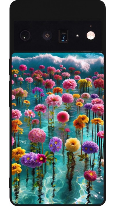 Google Pixel 6 Pro Case Hülle - Silikon schwarz Blumenmeer Wellen