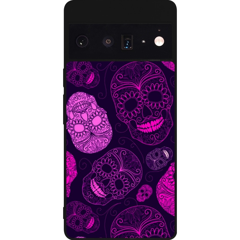 Coque Google Pixel 6 Pro - Silicone rigide noir Halloween 2023 pink skulls