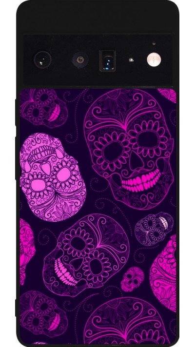 Coque Google Pixel 6 Pro - Silicone rigide noir Halloween 2023 pink skulls