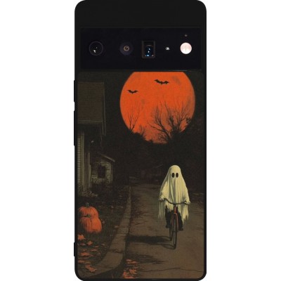 Coque Google Pixel 6 Pro - Silicone rigide noir Halloween 2025 Ghost on a bicycle