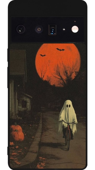 Coque Google Pixel 6 Pro - Silicone rigide noir Halloween 2025 Ghost on a bicycle