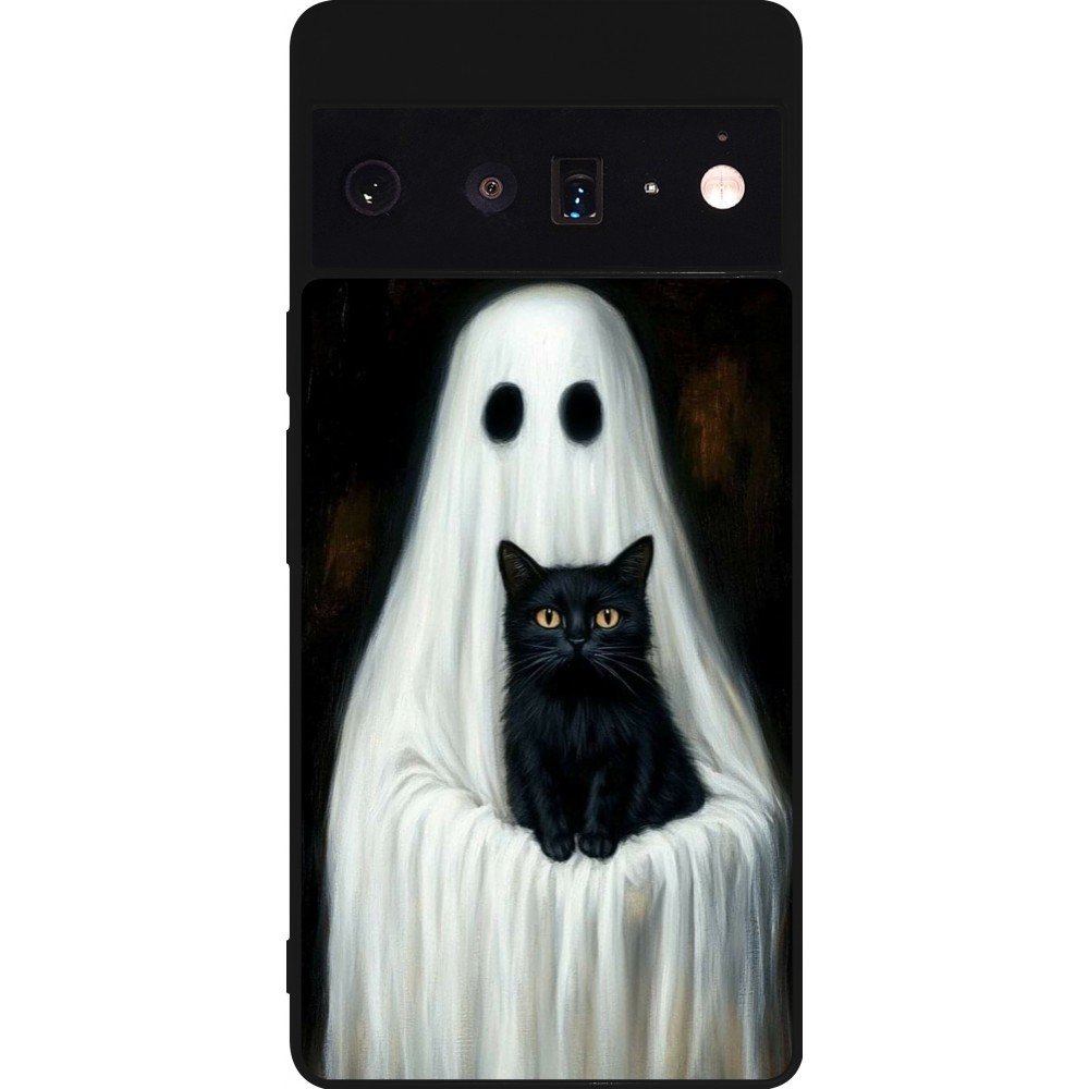 Coque Google Pixel 6 Pro - Silicone rigide noir Halloween 2025 Ghost with black cat