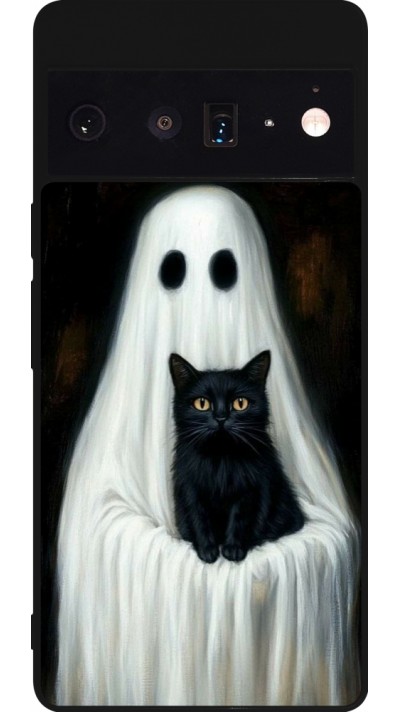 Coque Google Pixel 6 Pro - Silicone rigide noir Halloween 2025 Ghost with black cat