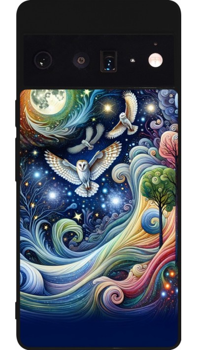 Coque Google Pixel 6 Pro - Silicone rigide noir hibou volant floral