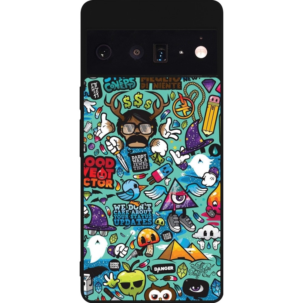 Coque Google Pixel 6 Pro - Silicone rigide noir Mixed Cartoons Turquoise