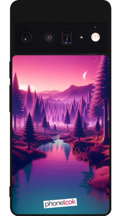 Coque Google Pixel 6 Pro - Silicone rigide noir Paysage Violet-Rose