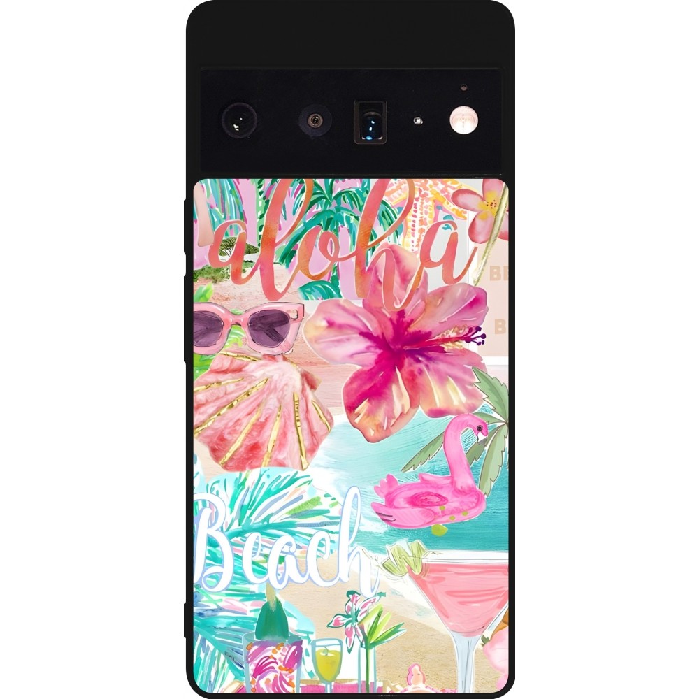 Coque Google Pixel 6 Pro - Silicone rigide noir Preppy Collage Aloha
