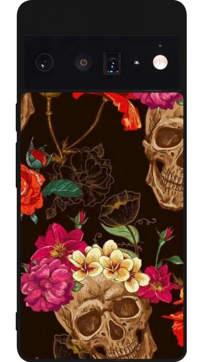 Coque Google Pixel 6 Pro - Silicone rigide noir Skulls and flowers