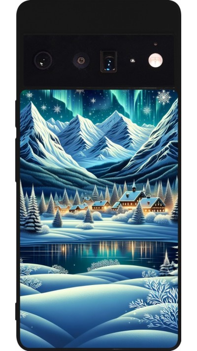 Coque Google Pixel 6 Pro - Silicone rigide noir Snowy Mountain Village Lake night
