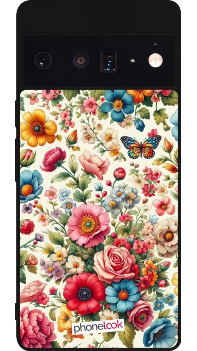 Coque Google Pixel 6 Pro - Silicone rigide noir Spring 25 printemps fleuri