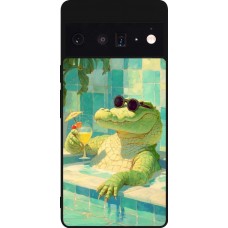 Coque Google Pixel 6 Pro - Silicone rigide noir Crocodile in the swimming pool Summer 2026