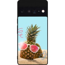 Coque Google Pixel 6 Pro - Silicone rigide noir Pineapple with glasses Summer 2026