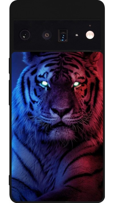 Coque Google Pixel 6 Pro - Silicone rigide noir Tiger Blue Red