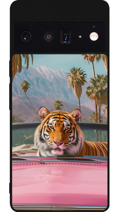 Coque Google Pixel 6 Pro - Silicone rigide noir Tigre voiture rose