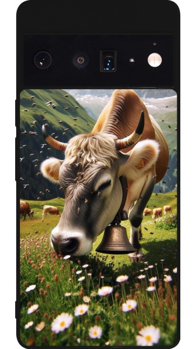 Coque Google Pixel 6 Pro - Silicone rigide noir Vache montagne Valais