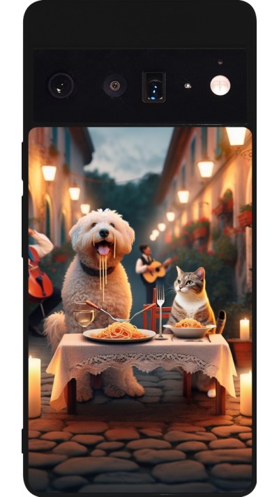 Coque Google Pixel 6 Pro - Silicone rigide noir Valentine 2024 Dog & Cat Candlelight