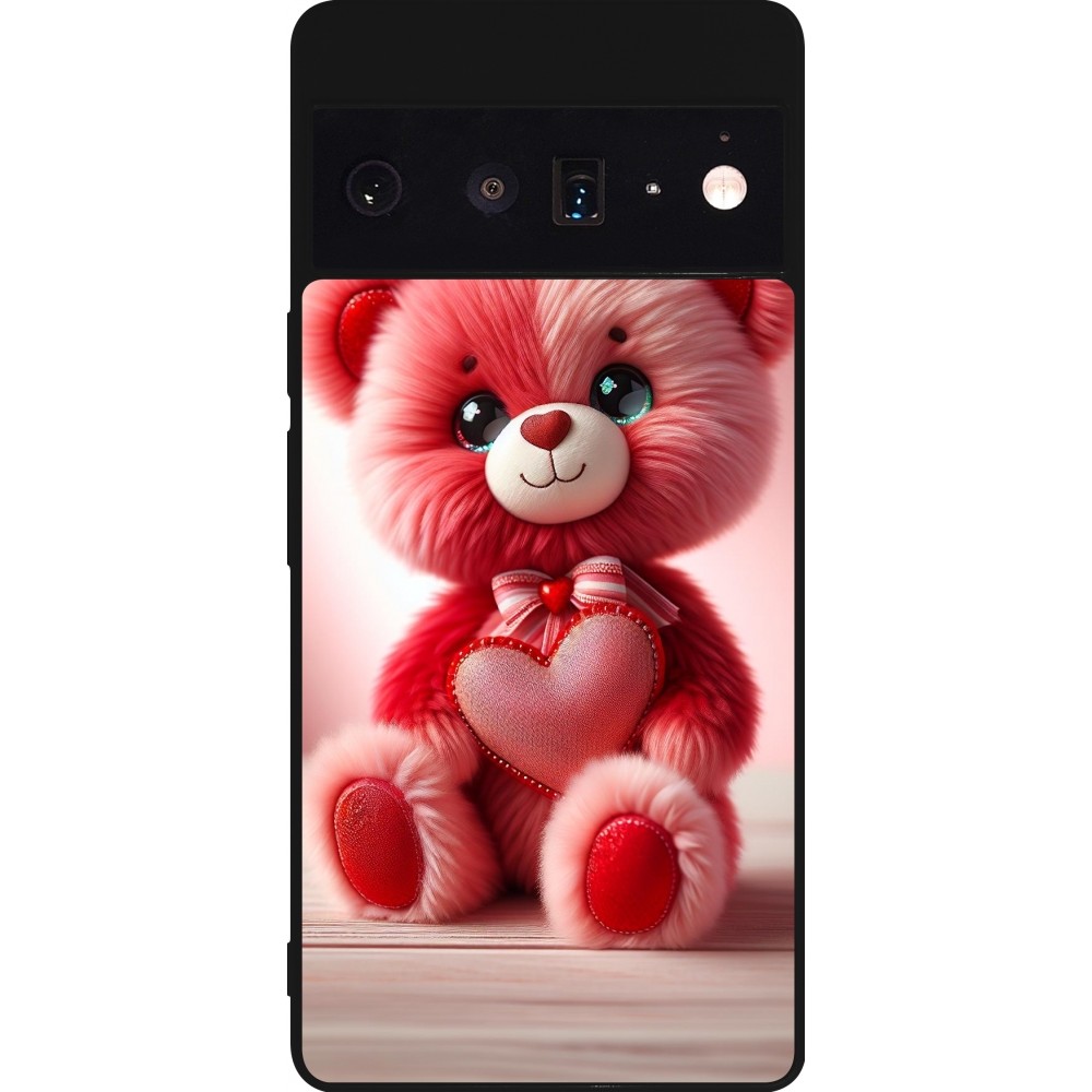 Coque Google Pixel 6 Pro - Silicone rigide noir Valentine 2024 Ourson rose